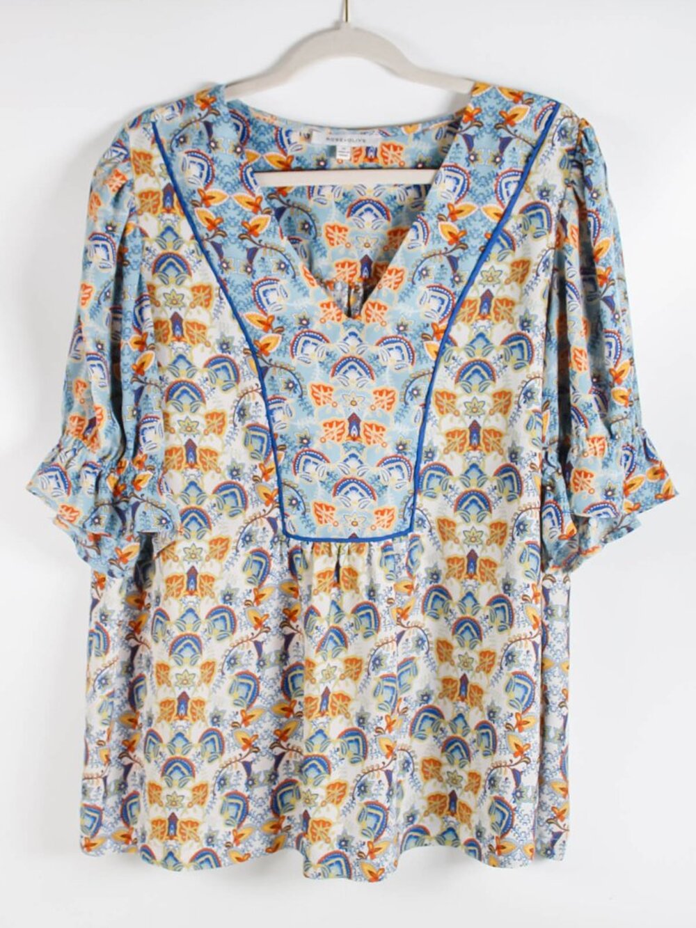 Rose & Olive 1X Blue Orange Paisley Boho Blouse Ruffle Sleeve